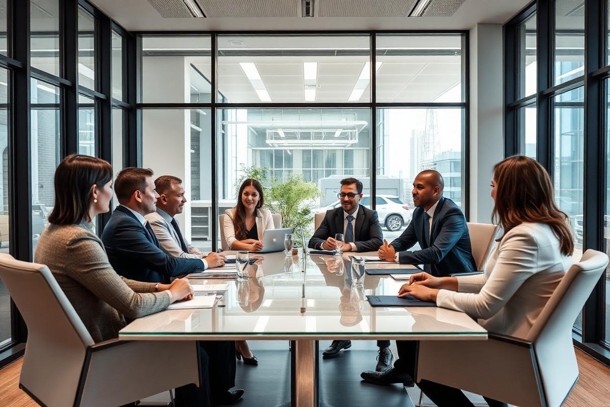 Executives in a meeting at a modern corporate office