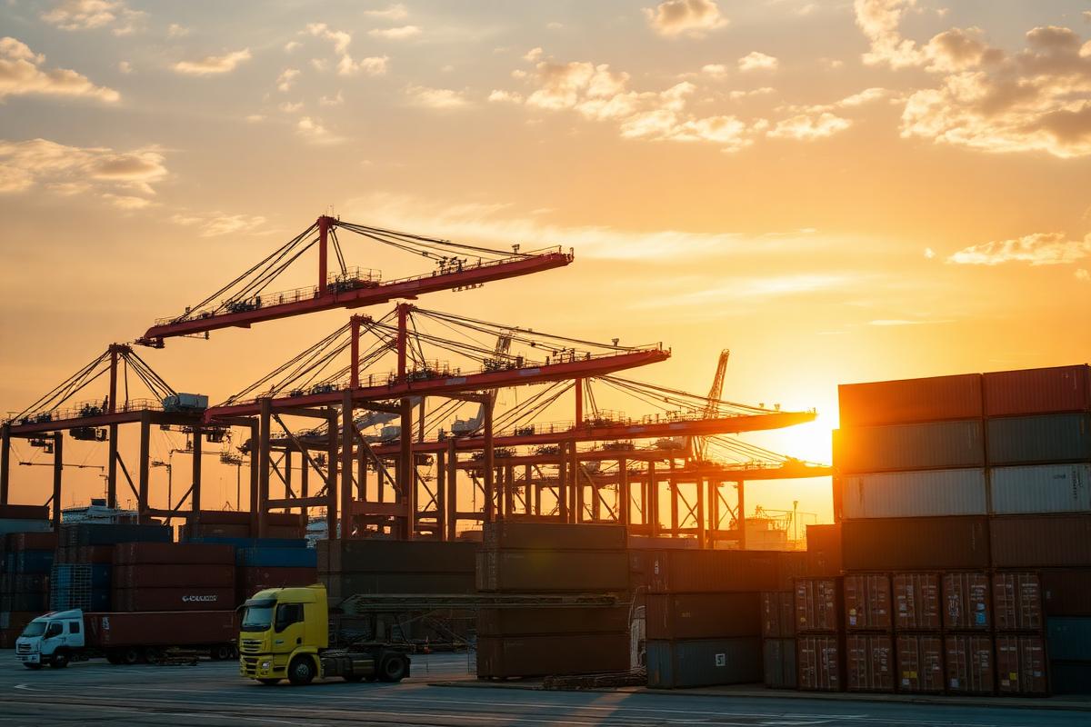 Port terminal with cranes and cargo at sunrise