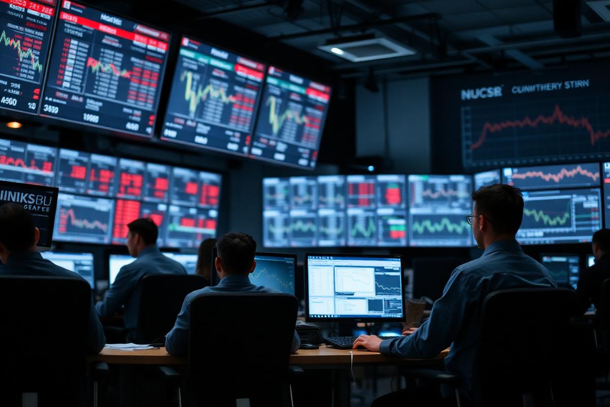 Traders working at a multi-screen commodity trading desk